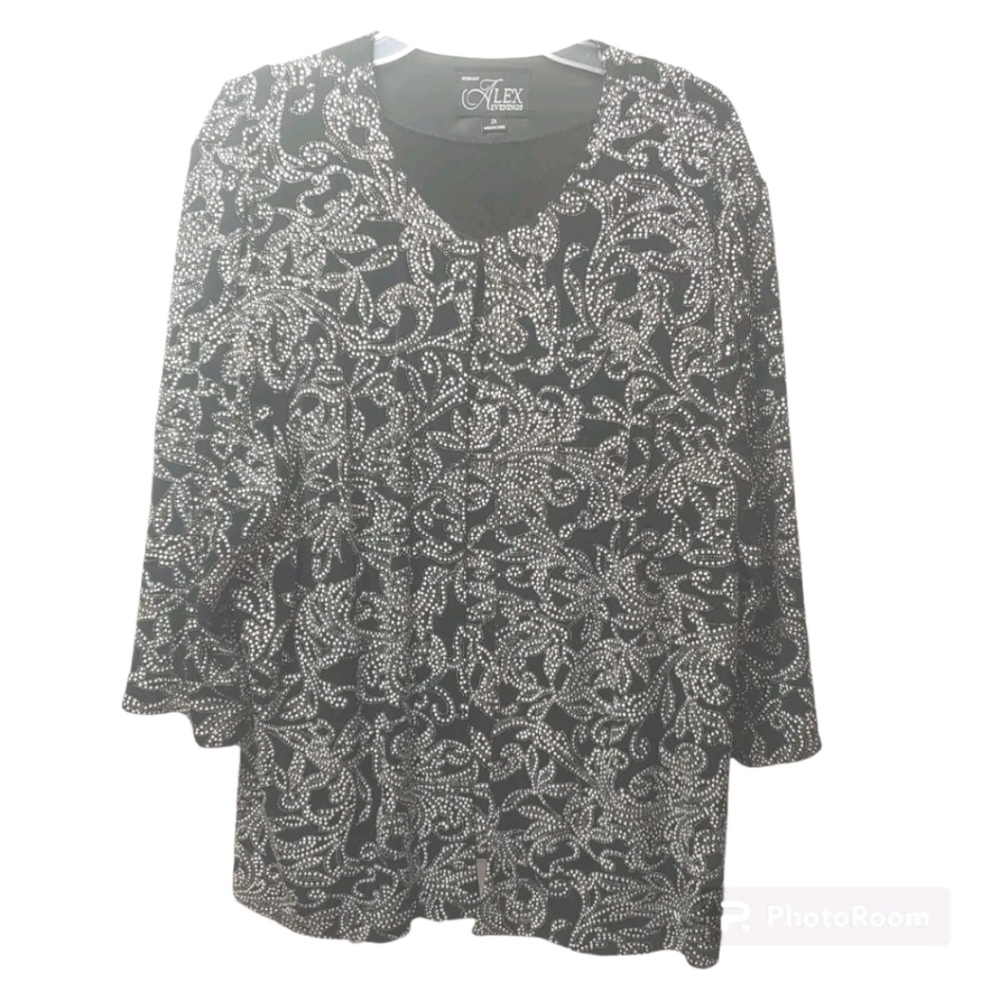 Alex Evening Cardigan Blouse Black White Sparkle Party Event 2 Pc Woman Plus 2X